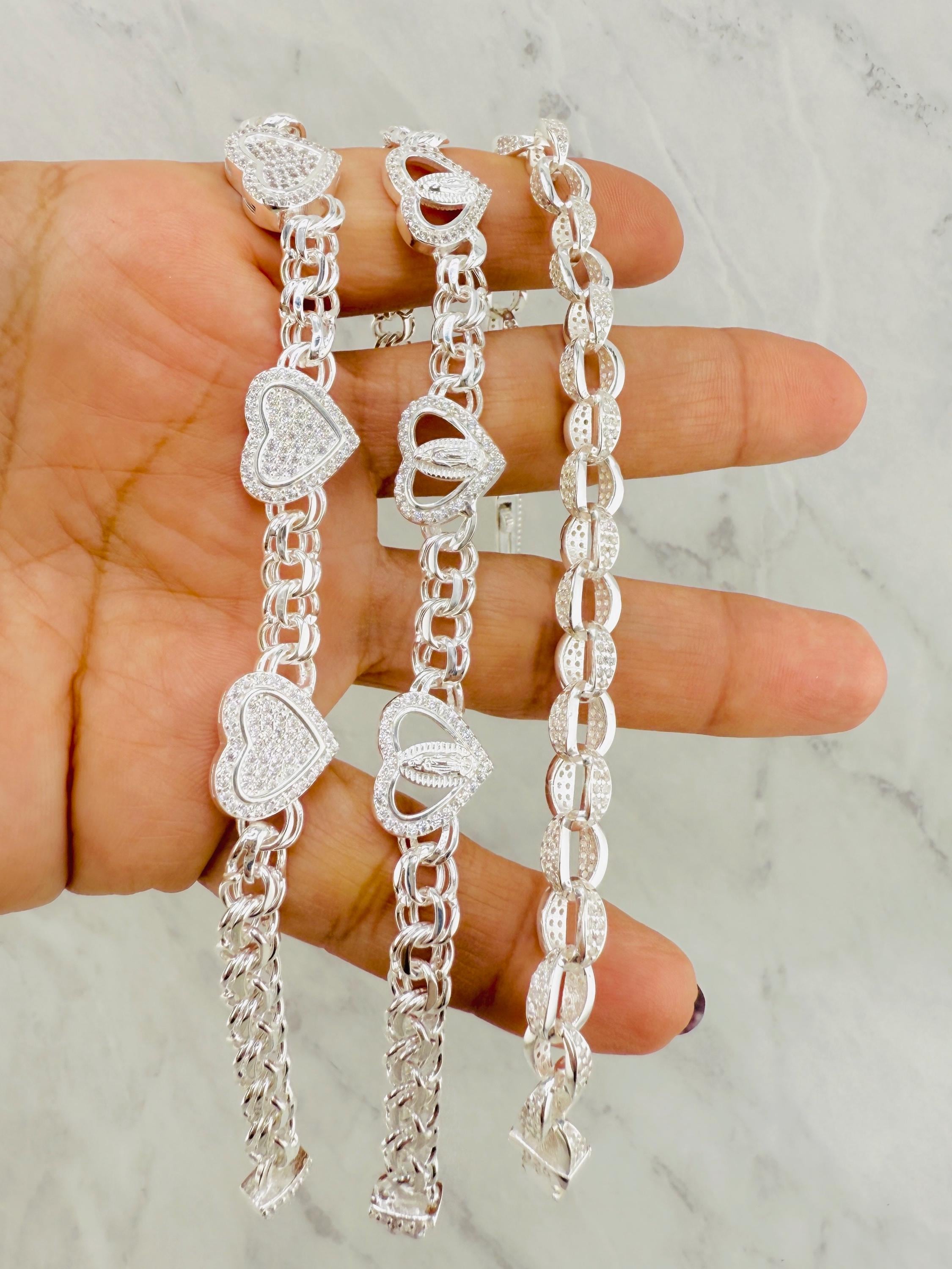 925 Sterling Silver Virgin Mary Bracelet Chino Link Hearts