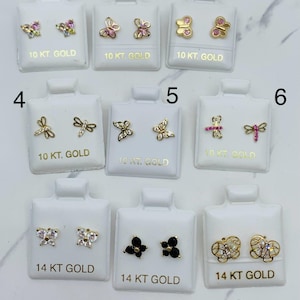 14k solid gold earrings butterflies Screw-back pink - Aretes en oro flor rosa