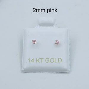 14k Solid Gold Tiny Blue, Pink, or White Diamond Cubic Zirconia Earrings 2mm Baby Newborn Girl Women - Aretes de bebé