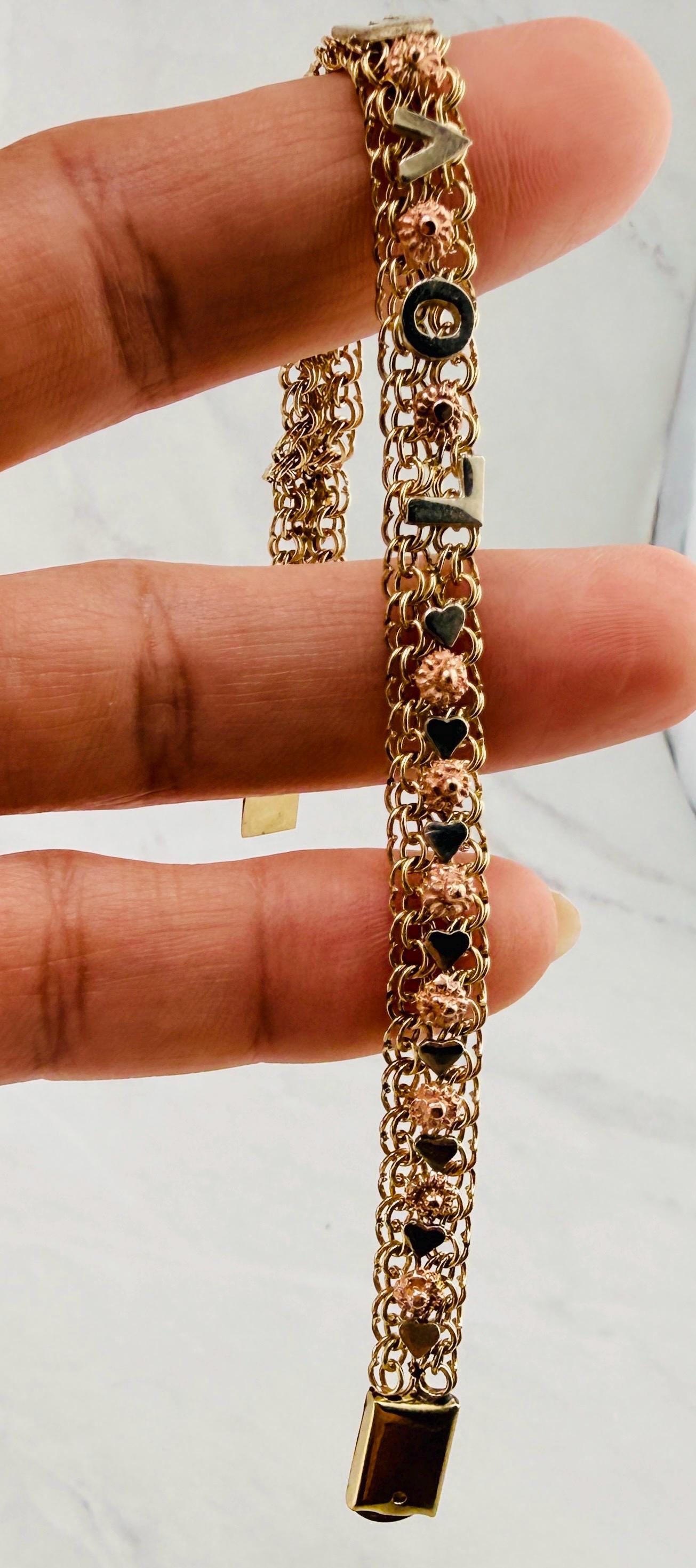 Real 14k Gold Bracelet Sweet 15 - Mis 15 Años, Crown, Hearts