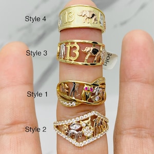 10k solid gold ring lucky ring owl, elephant, - Anillo en oro 10 Kilates de la suerte elefante, número 7, 13,  herradura, buo
