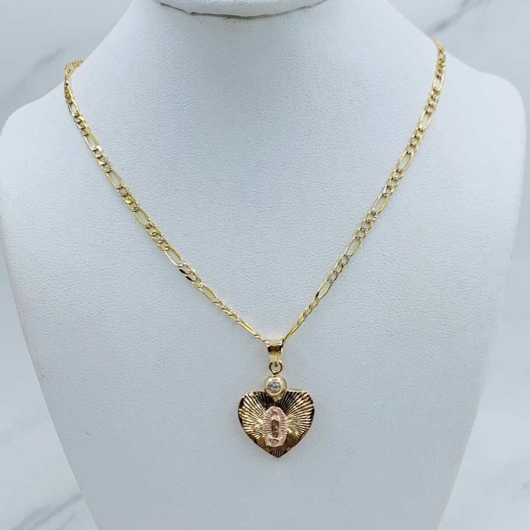 14k Gold Necklace and Pendant Virgin Mary Heart - Cadena Y Dije Oro ...