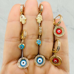 10k gold earrings - huggies evil eye greek protector hamsa palm - Aretes ojo protector palma oro autentico