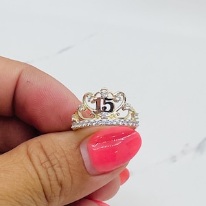 14k solid gold ring sweet 15 crown tiara - Anillo de quince anos oro de 14k