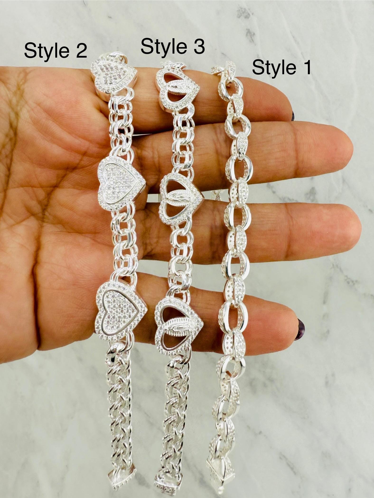 925 Sterling Silver Virgin Mary Bracelet Chino Link Hearts