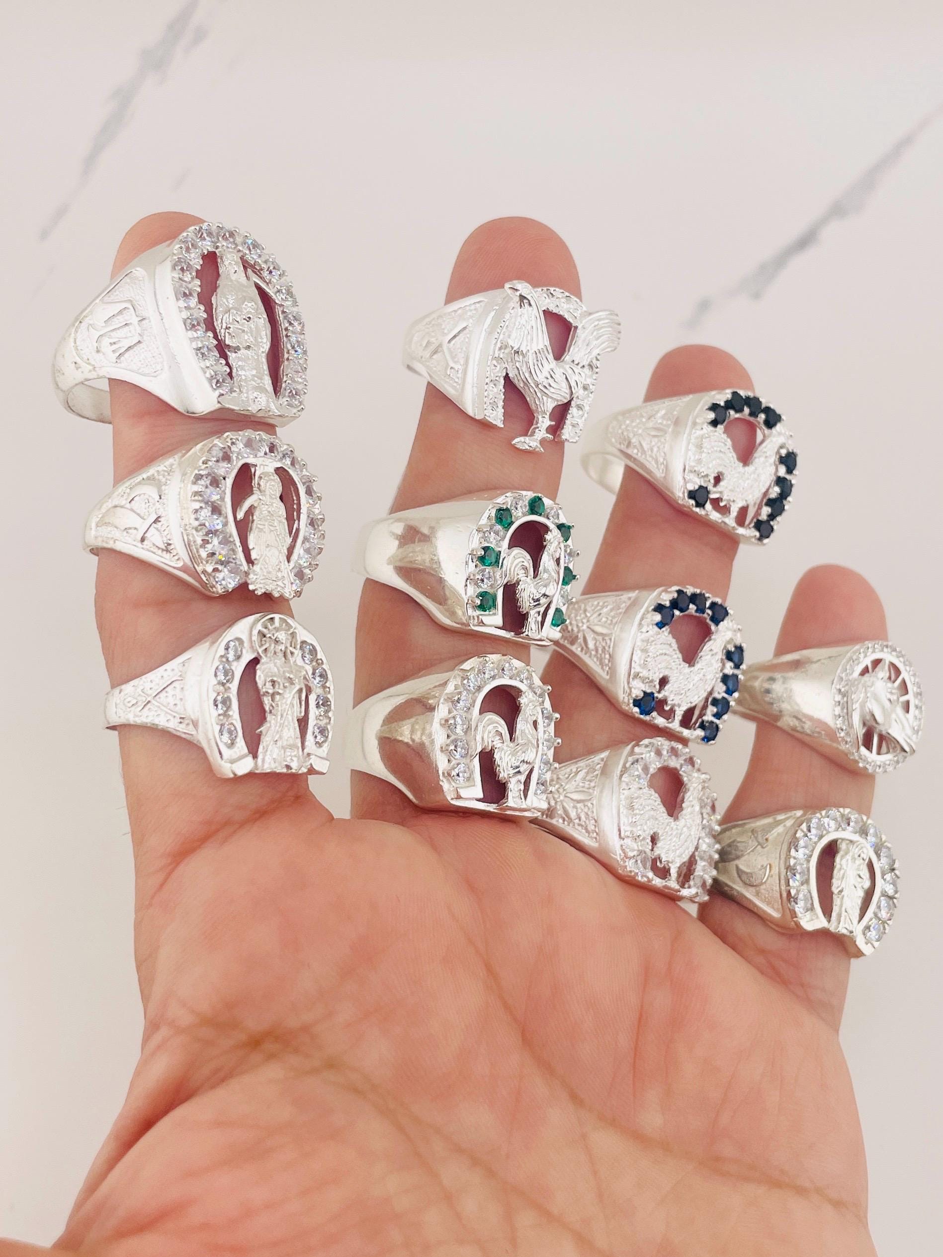 925 Sterling Silver Ring Horseshoe Rooster / Santa Muerte Size 9