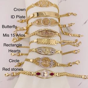 Real 14k Gold Bracelet Sweet 15 - Mis 15 Años, crown, hearts - Quinceañera pulsera oro 14 kilates autentico