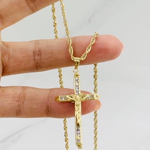 Cross Necklace Two Tone for Mens in Gold Filled Figaro Chain Necklace 24/  Cadena Con Dije De Cruz Para Hombre 1.8x1.13 / Crucifix Necklace 