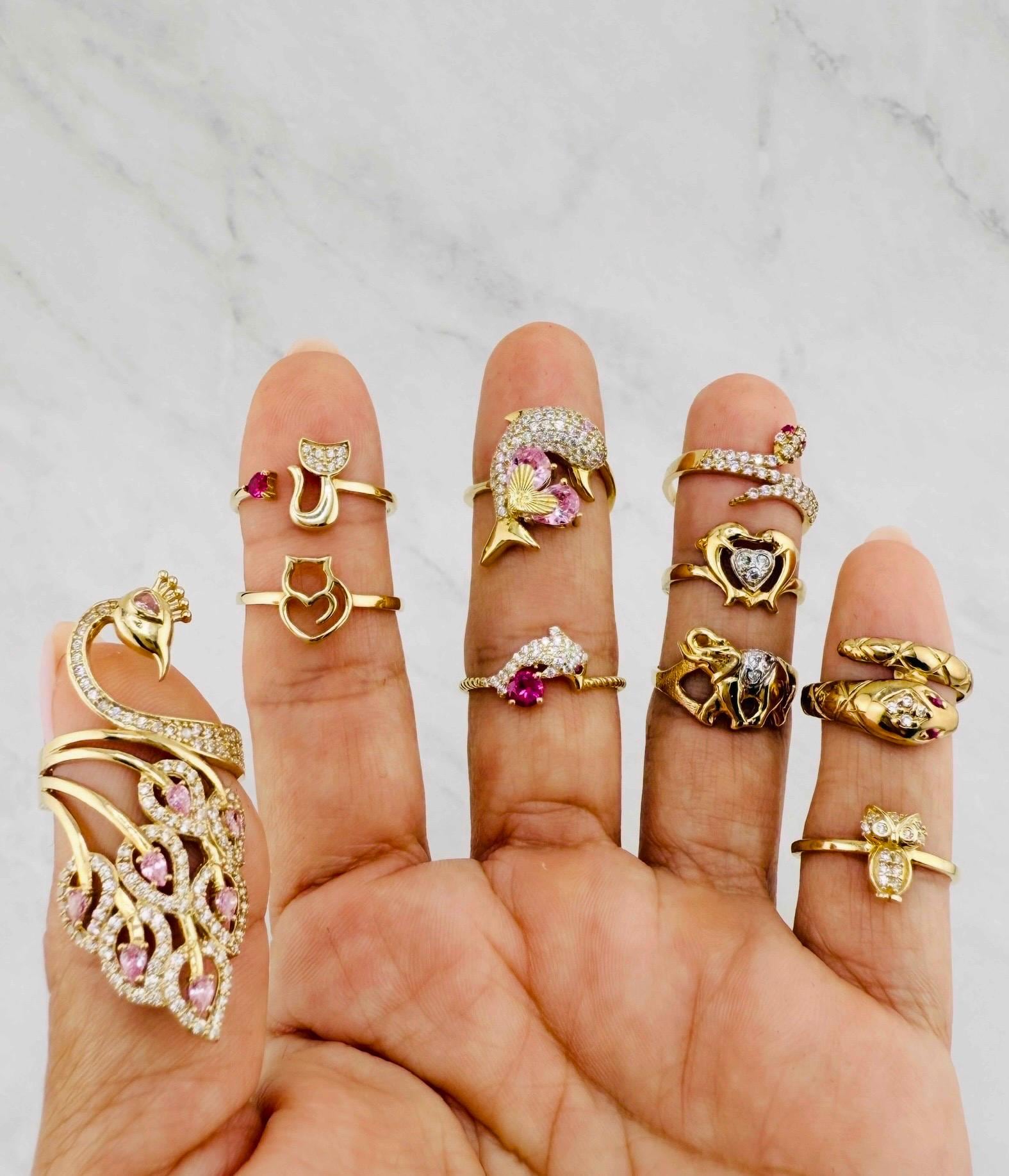 10k solid gold ring owl, peacock, elephant, cat, snake - Anillo en oro 10k de buo, pavoreal, elefant