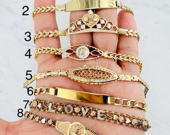 Äkta 14k guldarmband Sweet 15 - Mis 15 Años, krona, hjärtan - Quinceañera pulsera oro 14 kilo autentico