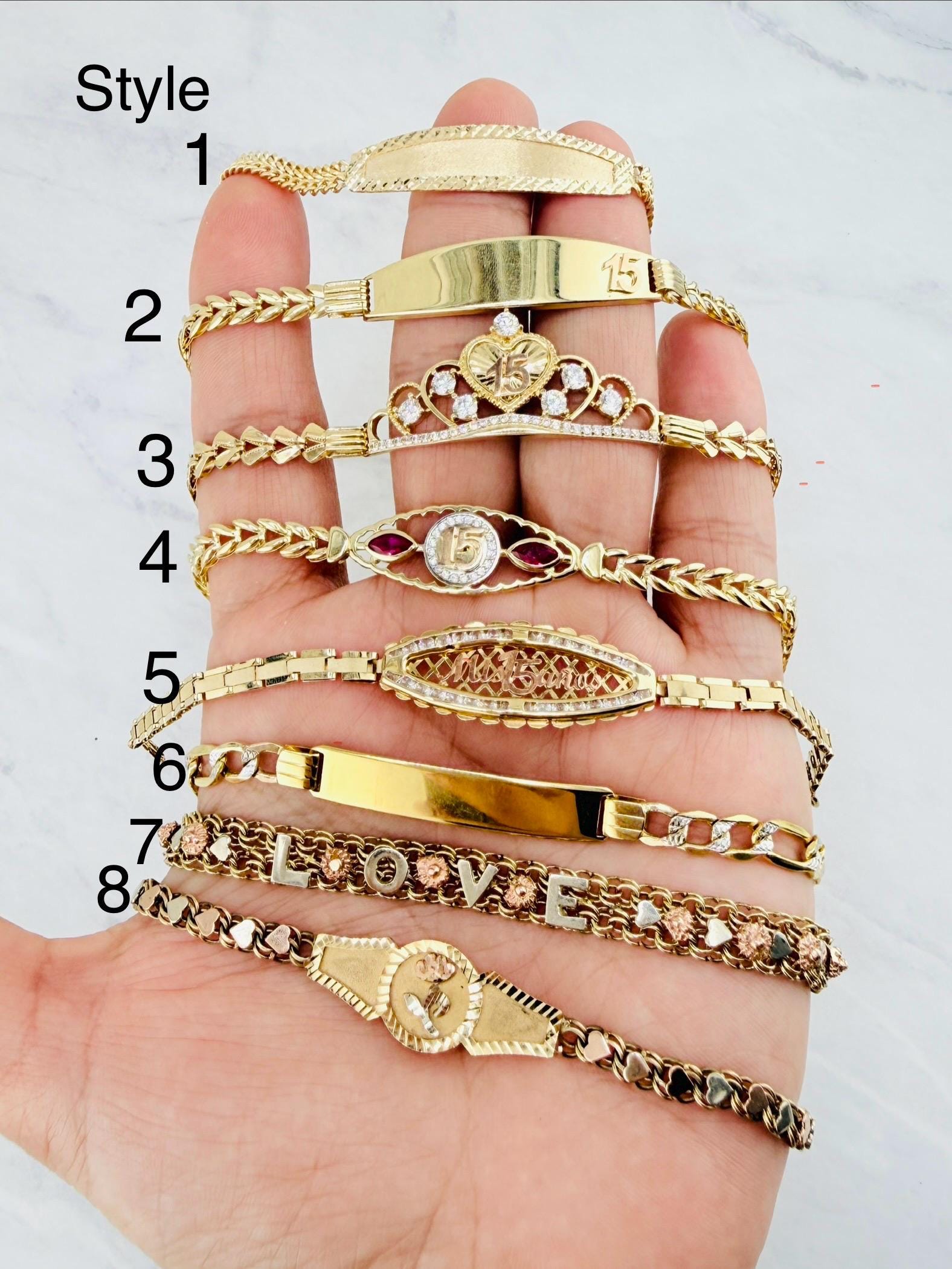 Real 14k Gold Bracelet Sweet 15 - Mis 15 Años, Crown, Hearts 