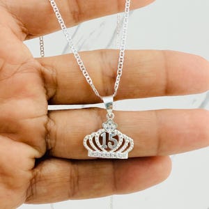 925 Sterling Silver Necklace and crown sweet 15 tiara heart - Cadena y dije en plata corona quinceañera