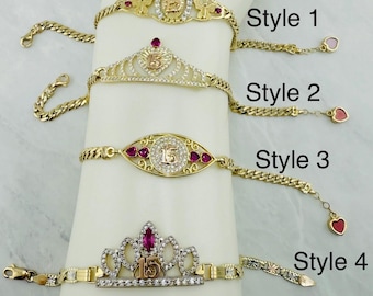 10K guld Sweet 15 armband |  Smycken Present- Pulsera Sweet 15 de Oro 10K | Quinceañera | Mis 15 Años | Regalo Especial
