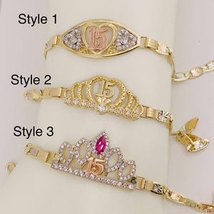 Real 10k Gold Bracelet hearts or crown sweet 15 Quinceanera - Pulsera de Quince años en Oro auténtico 10 Kilates de corazones o corona tiara