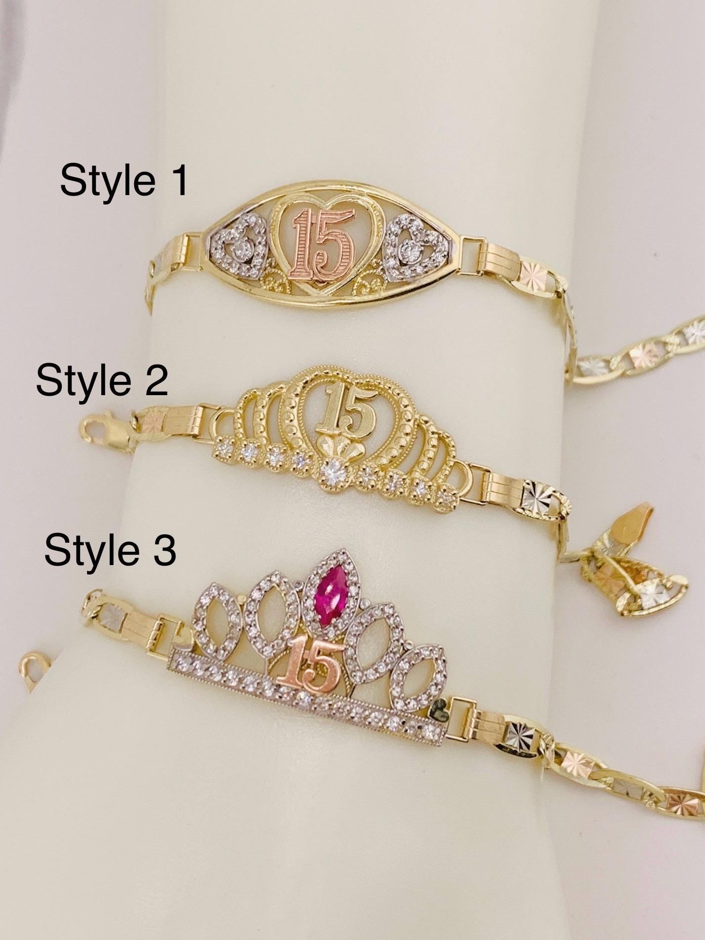 Real 10k Gold Bracelet hearts or crown sweet 15 Quinceanera - Pulsera de Quince años en Oro auténtico 10 Kilates de corazones o corona tiara