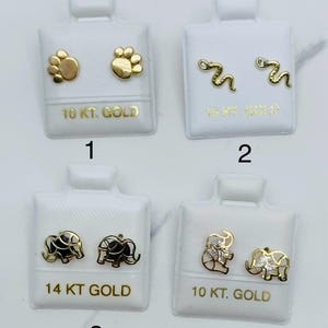 10k - 14k gold earrings dolphins, snakes, elephant, owl dog paw studs screwback - Aretes en oro autentico delfines patita perro, buo