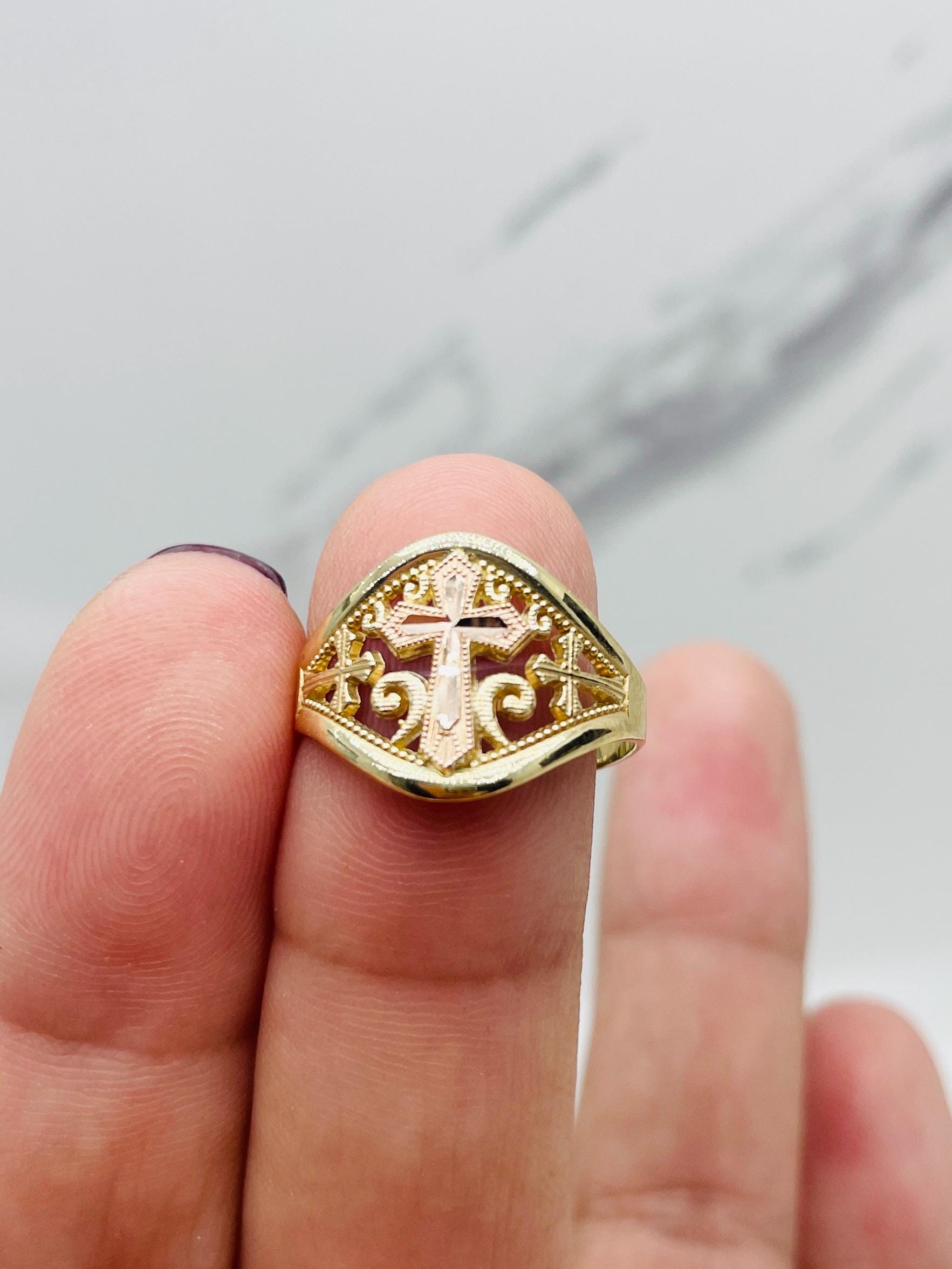 10k Solid Gold Ring Cross Heart - Anillo En Oro Autentico De Cruz