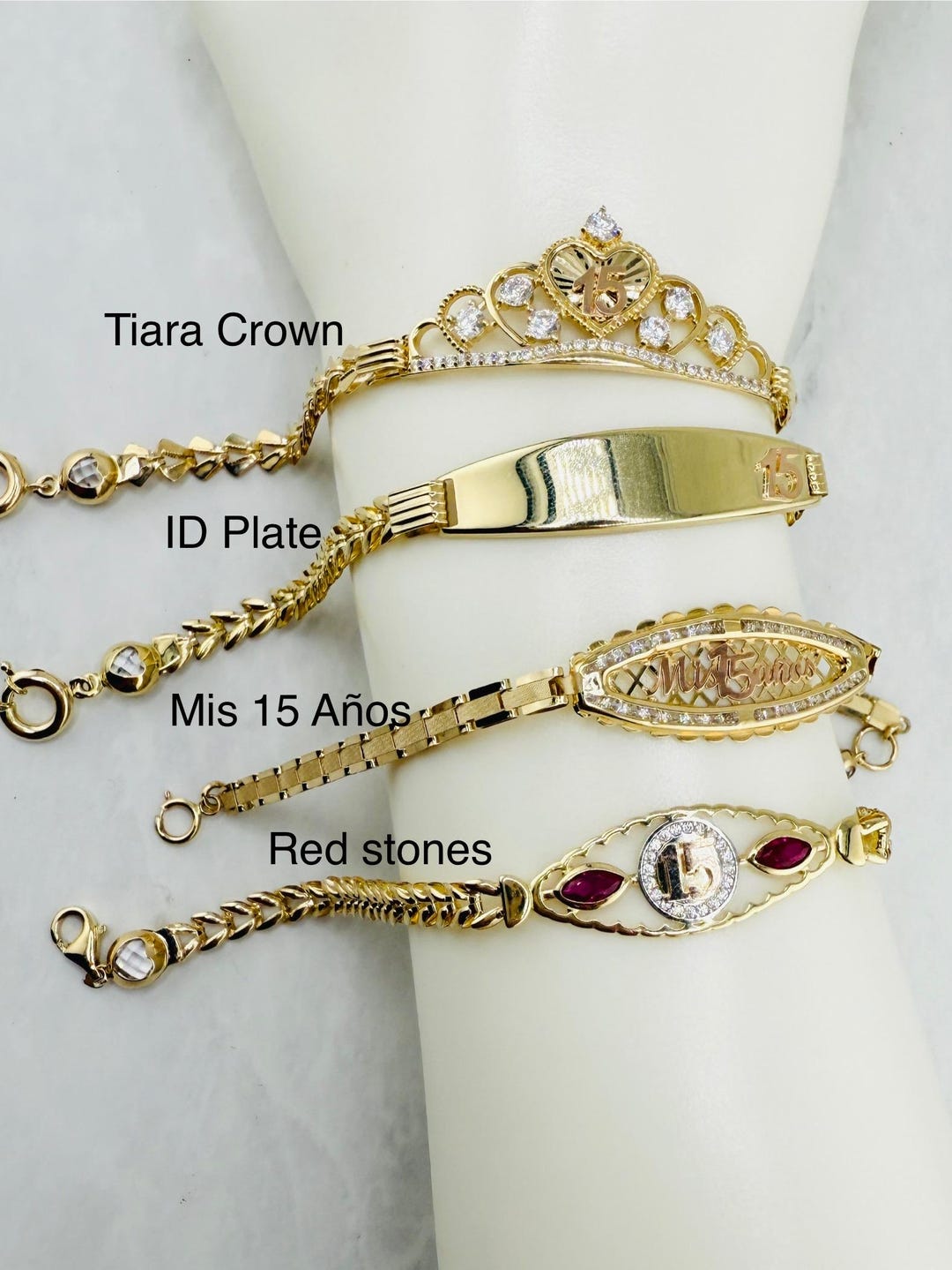 Real 14k Gold Bracelet Sweet 15 - Mis 15 Años, Crown, Hearts