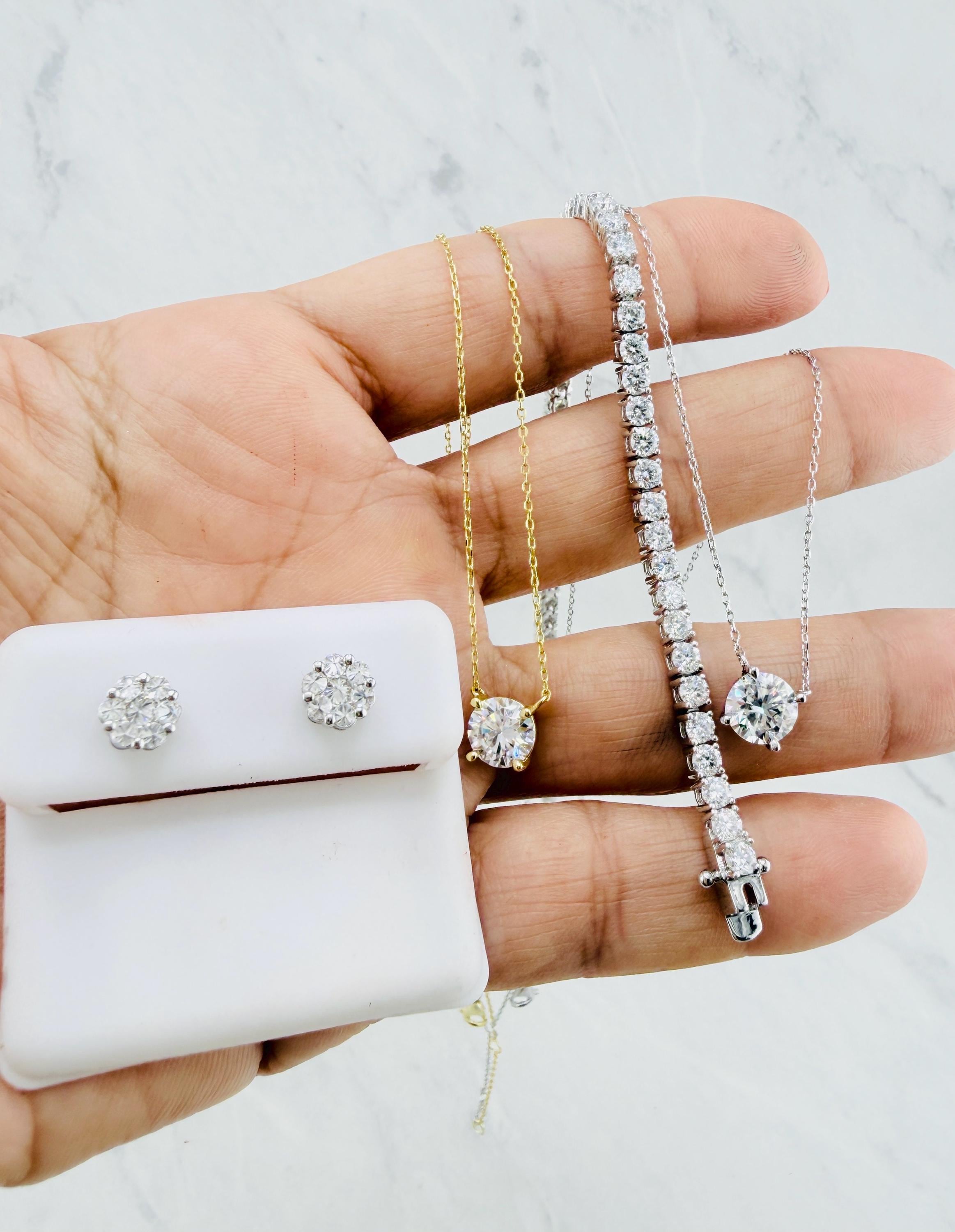 925 Sterling Silver Moissanite Jewelry Set Tennis Bracelet 7" 3.5mm, Stud Earrings 7mm, Necklace Adjustable 16-20" Gift for Her