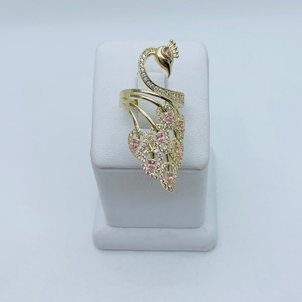 10k gold ring peacock women’s ring size 6.5 - 11 blue or pink   - Anillo en oro 10 Kilates pavo real