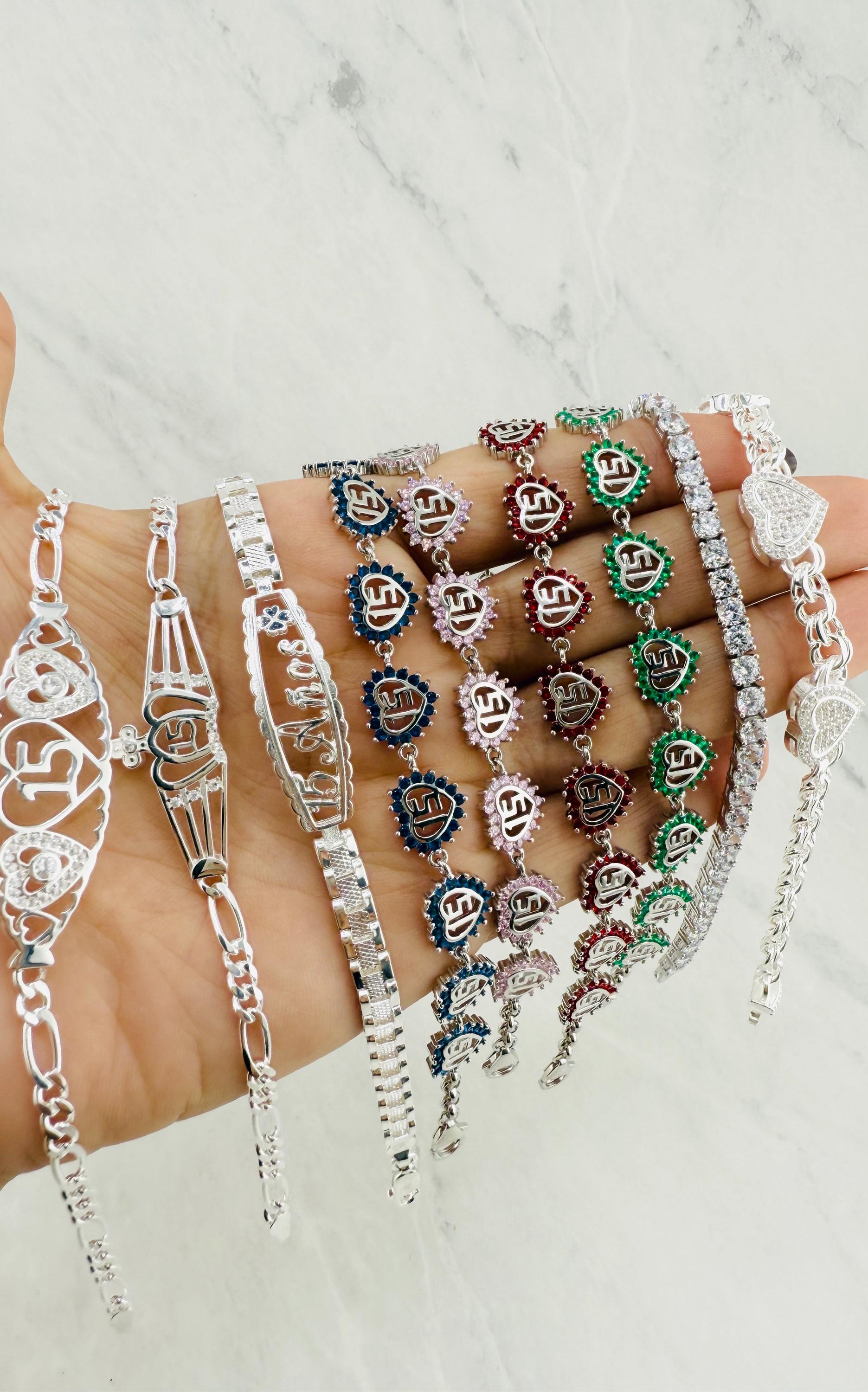 925 Sterling Silver Sweet 15 Bracelet Quinceañera Bracelet CZ