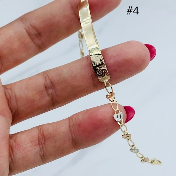 Real 10k Gold Bracelet Sweet 15 - Mis 15 Años with crown 7”  Available in 4 styles - Pulsera en oro de quinceañera