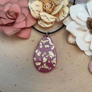 Polymer Clay Necklace - Handmade Polymer Clay Necklace - Pink Teardrop Necklace - Dangle Pendant Necklace - Pendant Necklace with Gold Leaf