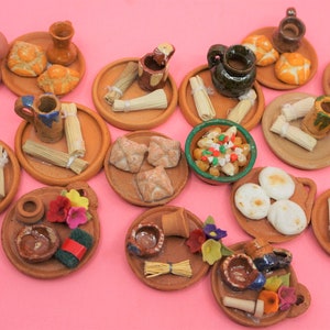 Miniatura NUEVO AGREGADO Día de los Muertos ofrenda comida Comida Día de los muertos platos mexicanos cocina casa de muñecas concha taco elote pan