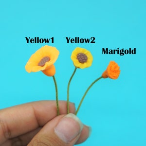 May include: Three miniature clay flowers, labeled "Yellow1", "Yellow2", and "Marigold". The flowers are yellow and orange, with brown centers. The flowers are held in a hand.