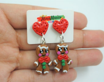 Gingerbread man Christmas Earrings traditional handmade red green brown Navidad gift heart