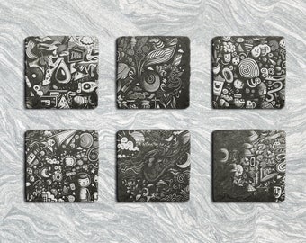 Doodle Slate Coaster set | &quot;DoodleStone&quot; Coaster Set | Custom Laser Engraved Coaster | Coaster set