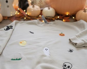 BOO! Halloween Icons Embroidered Sweatshirt | Spooky Jumper | Ghost Pumpkin Skull Pullover | Cosy Autumn Embroidery