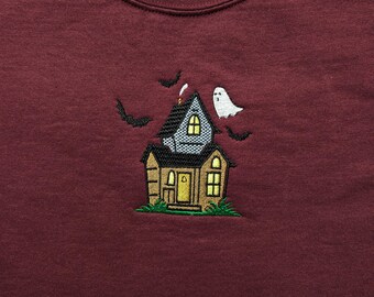 Haunted House Embroidered Sweatshirt | Spooky Embroidery Pullover | Handmade Cosy Sweatshirt | Halloween Sweatshirt Jumper
