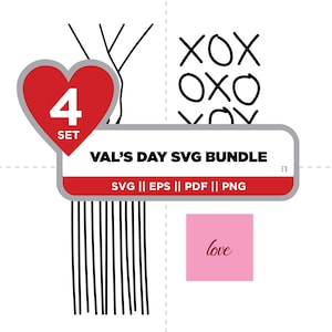 Könnte beinhalten: Ein Set mit vier Valentinstags-SVG-Designs. Die Designs beinhalten ein Herz mit der Zahl 4 und dem Wort "SET", eine Reihe vertikaler Linien, ein Tic-Tac-Toe-Brett mit Xs und Os und ein rosa Quadrat mit dem Wort "love" in rot.