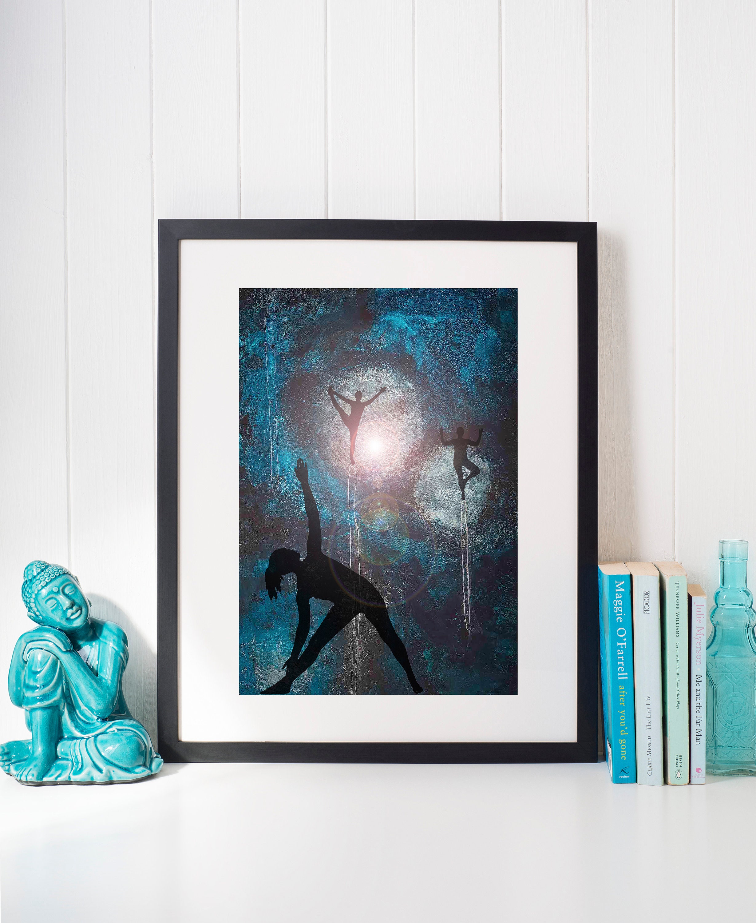 Yoga Wall Art Blue Silver Celestial Yoga Poses Poster Contemporary