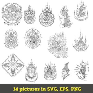 Könnte beinhalten: Eine Sammlung von 14 Schwarz-Weiß-Illustrationen mit aufwendigen thailändischen Kunstdesigns. Die Bilder zeigen Darstellungen von Gottheiten, mythischen Figuren und verzierten Mustern, mit dem Text "14 pictures in SVG, EPS, PNG".