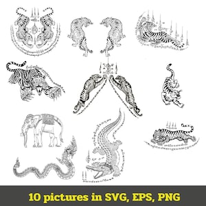 Conception de tatouage traditionnel thaïlandais. (Sak Yant) un ensemble de 10 images d'animaux (tigre, crocodile, éléphant, naga) au format SVG, EPS, PNG