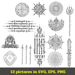 Könnte beinhalten: Eine Sammlung von 13 Schwarz-Weiß-Illustrationen mit komplizierten geometrischen und Schriftmustern. Die Bilder zeigen kreisförmige, sternförmige und lineare Designs sowie Text in einer fremden Schrift. Der untere Teil des Bildes lautet "13 pictures in SVG, EPS, PNG."