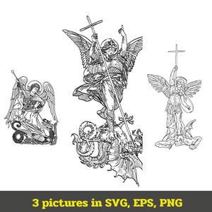 Saint Michael or Archangel Michael defeating the dragon, PNG SVG EPS in a vintage and engraving style