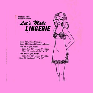 PDF // 1970's Lingerie Slip// Bra Slip// Lets Make Lingerie #194 // Sizes 32 34 // Vintage Slip //  Digitized Sewing Pattern