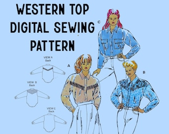 Ladies Long Sleeve //Rodeo Western Blouse // Collar Top  Fringe // Woven Top Sewing Pattern // Kwik Sew 2205 Digital Sewing Pattern