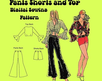 Womens Hippie Sewing Pattern // Kwik Sew 2271 // Flare Plants , Shorts and Ruffle Sleeves Crop Top // Knit Sewing Pattern