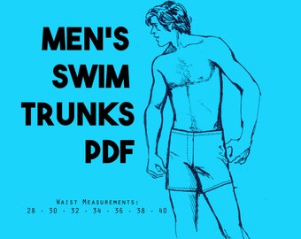 PDF // 1970's Mens Swim Trunks // Waist 28 , 30 , 32 , 34, 36 , 38, 40  // Stretch & Sew //  Digitized Sewing Pattern