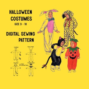 May include: A digital sewing pattern for Halloween costumes for children in sizes 3-10. The pattern includes instructions for making a cat, bunny, dog, and pumpkin costume. The pattern is illustrated with drawings of the back of each costume.