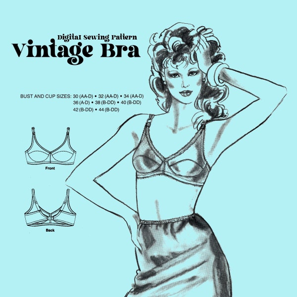 Vintage 80s Bra // Digital Sewing Pattern // Sizes 20 - 44 AA - DD // Two Piece Cup // Stretch and Sew 2045