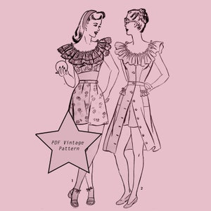 Op de afbeelding: Een vintage PDF-naaipatroon voor twee jurken met geruite halslijnen. Het patroon is geïllustreerd met twee vrouwen die de jurken dragen. De tekst "PDF Vintage Pattern" staat op een stervorm.