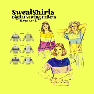 Könnte beinhalten: Ein digitales Nähmuster für Sweatshirts in den Größen XS-L. Das Muster enthält drei verschiedene Ansichten: ein gestreiftes Sweatshirt in den Farben Gelb, Blau und Weiß, ein gestreiftes Sweatshirt in den Farben Gelb, Lila und Rosa und ein gestreiftes Sweatshirt in den Farben Blau, Rosa und Weiß.