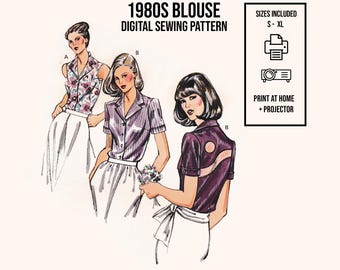 1980's  Blouse Sewing Pattern | Sleeveless or Short Sleeve | Sheer Back Option | PDF Digital Download