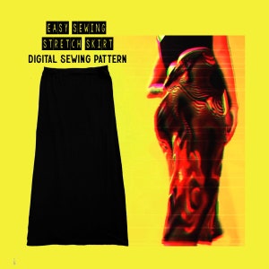 May include: A digital sewing pattern for an easy stretch skirt. The pattern is for a black skirt with a pleated design. The image shows a model wearing a red and black skirt.