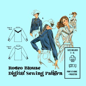 Ladies Long Sleeve Vintage Digital Sewing Pattern //Rodeo Western Cowgirl Top  // Collar Top  Fringe // Woven Top Sewing Pattern // 1098